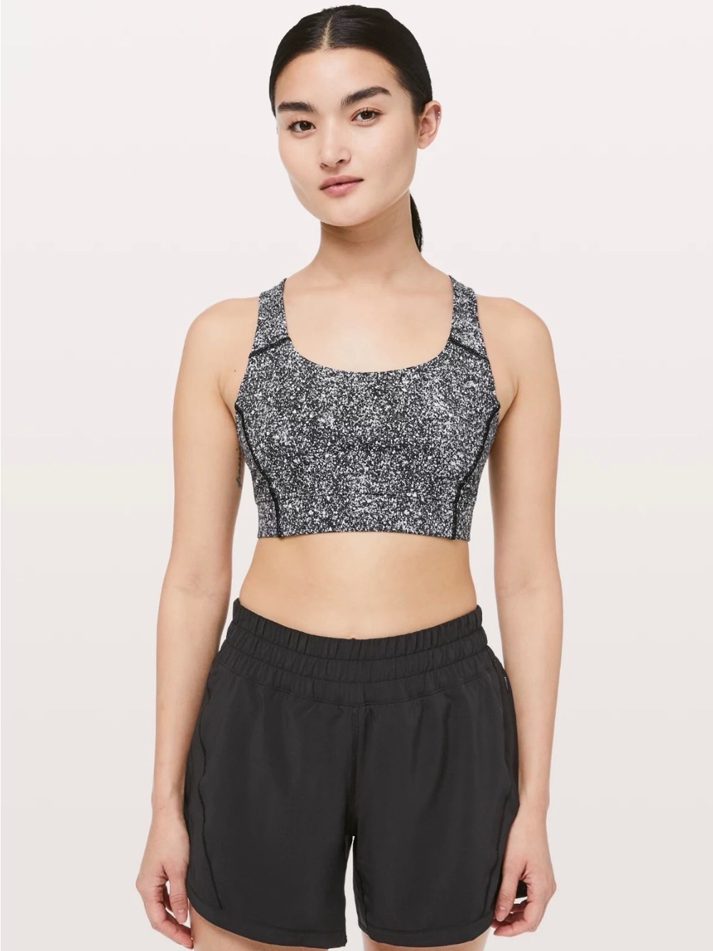 Lululemon Power Through Sports Bra Women Size 6 Black White Speckled Racerback